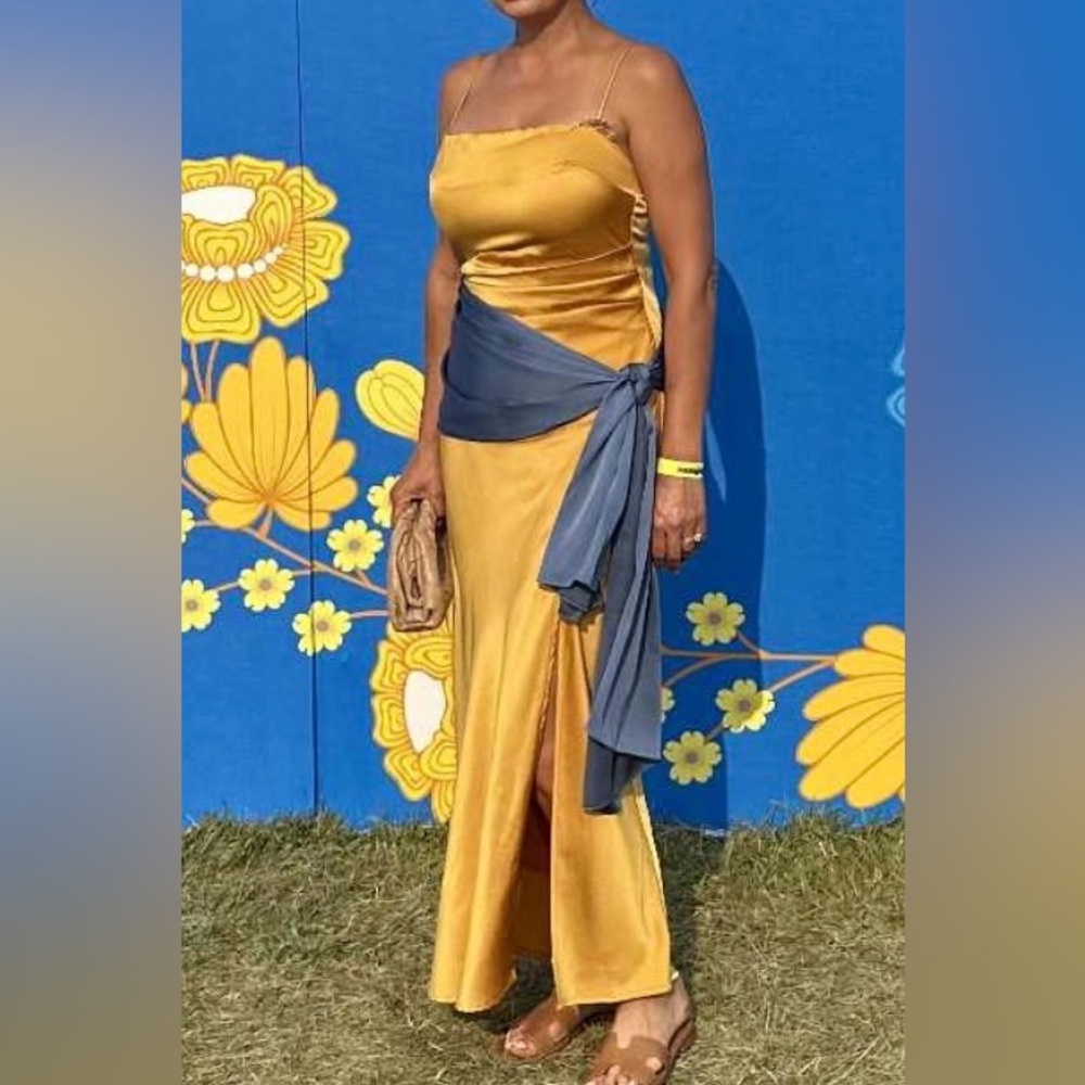 Astr Satin Cowl Midi Dress in Mustard Gold